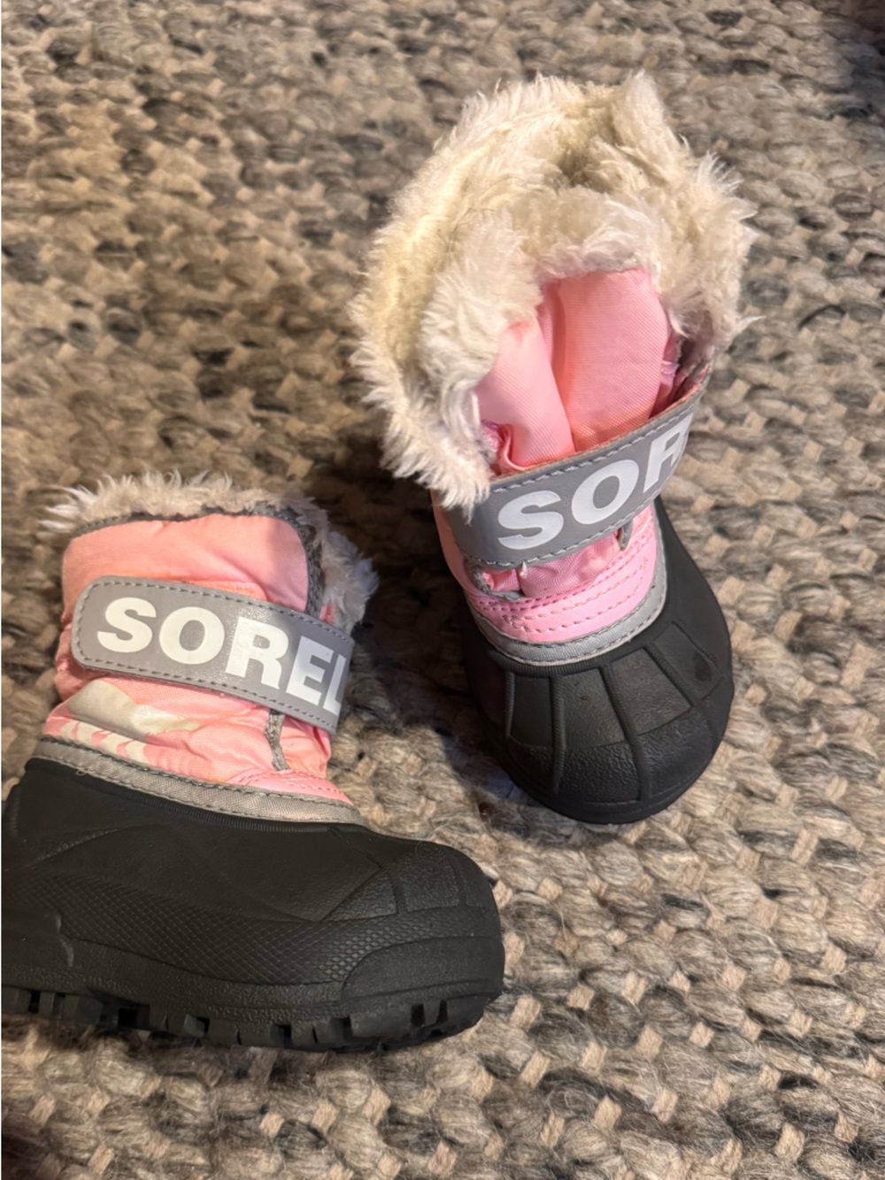 Sorel Pink and Black Kids Winter Boots with Faux Fur Trim